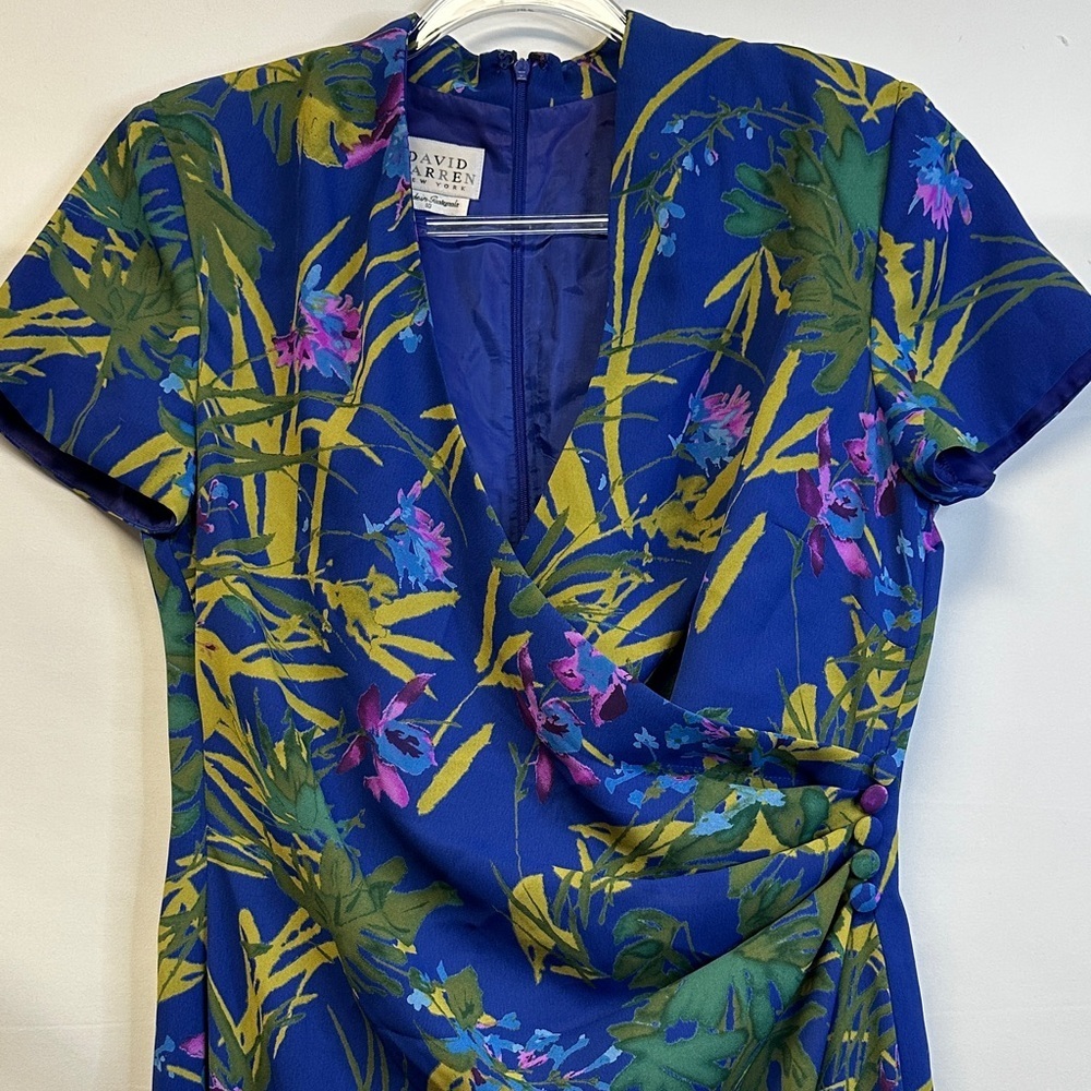 Vintage 90s David Warren Faux Wrap Chiffon Midi Dress Tropical Floral Blue 10 - Picture 4 of 7